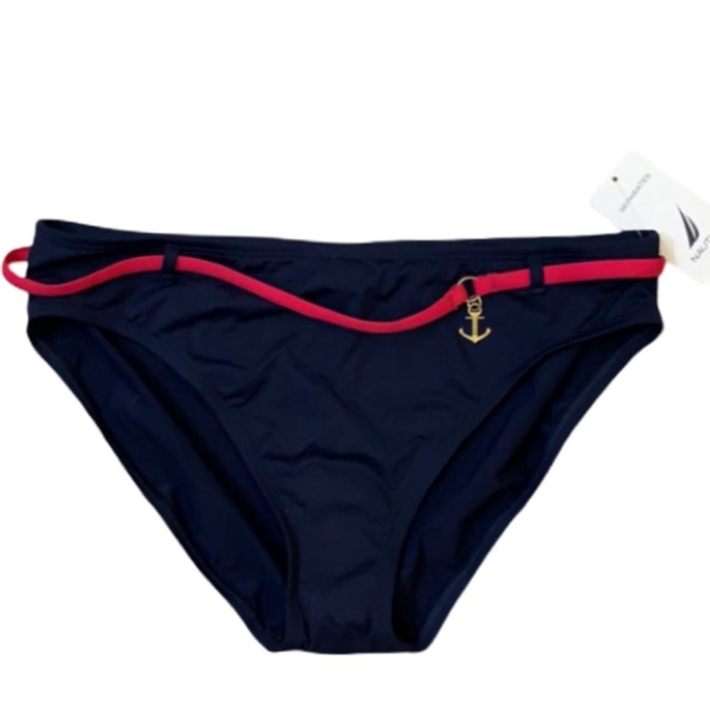 NWT Nautica Navy Blue Bikini Bottoms with Red Belted Anchor Charm